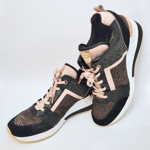 MICHAEL KORS GEORGIE Leather Wedge Sneakers in Black Rose Gold Bling Y2K